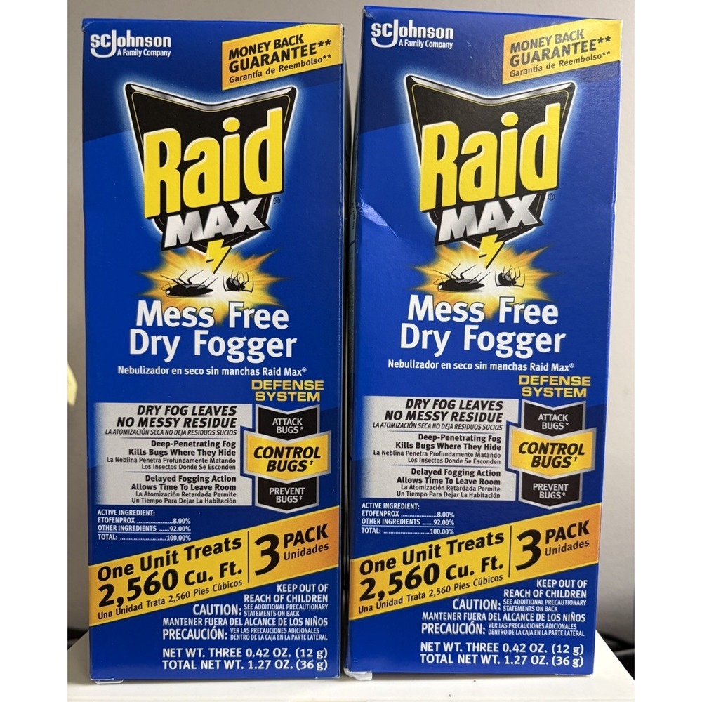 Lot Of 2 Raid Max Mess Free Dry Fogger 3 Pack- 6 Total Foggers DISCONTINUED NEW